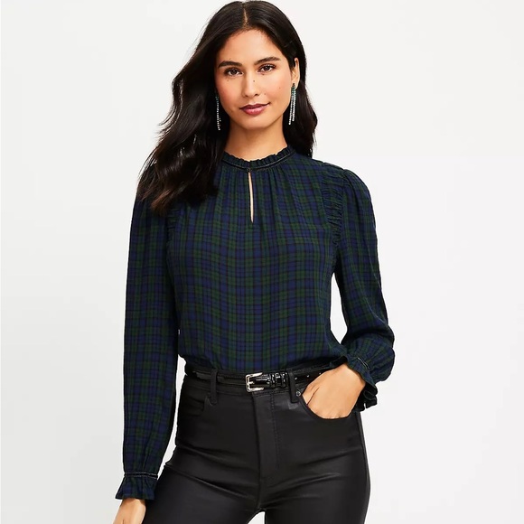 Plaid Ruched Ruffle Neck Blouse - Picture 2 of 4